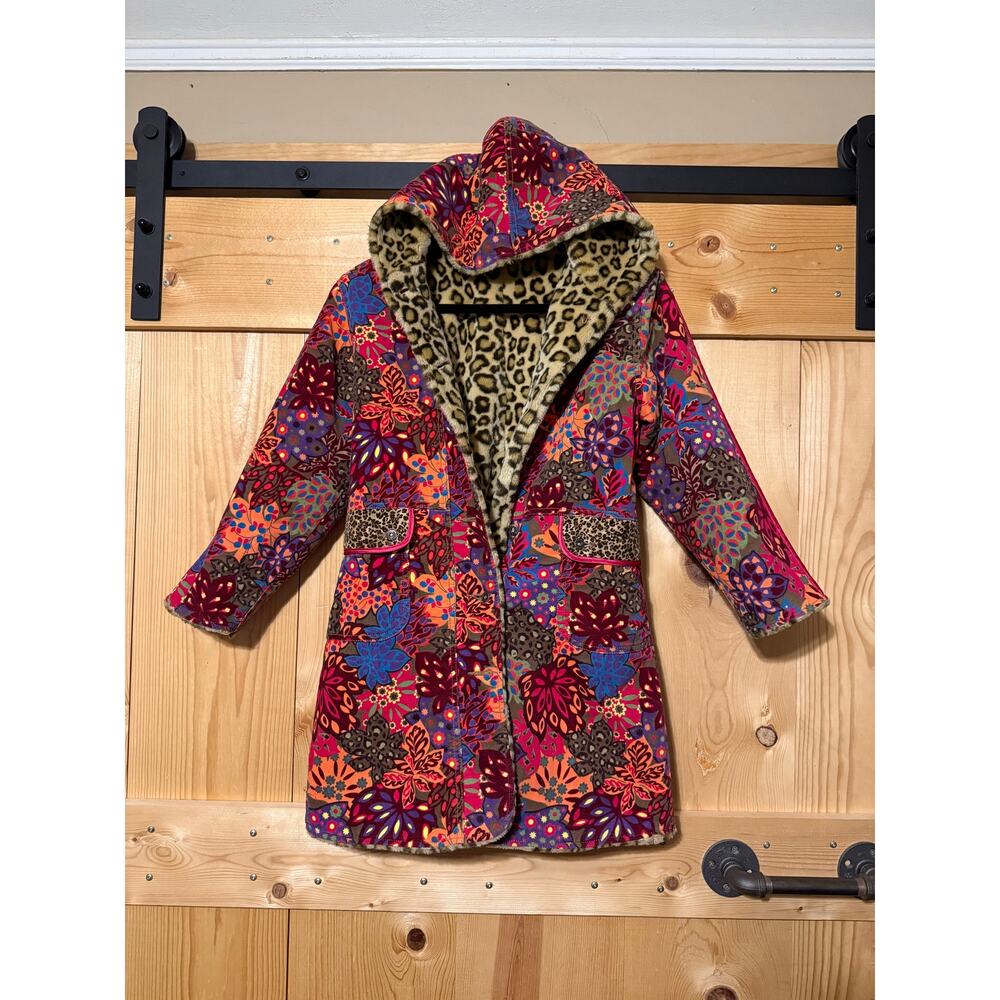 VTG Children's Place Reversible Leopard and Velvet Floral Hooded Coat Size 10/12